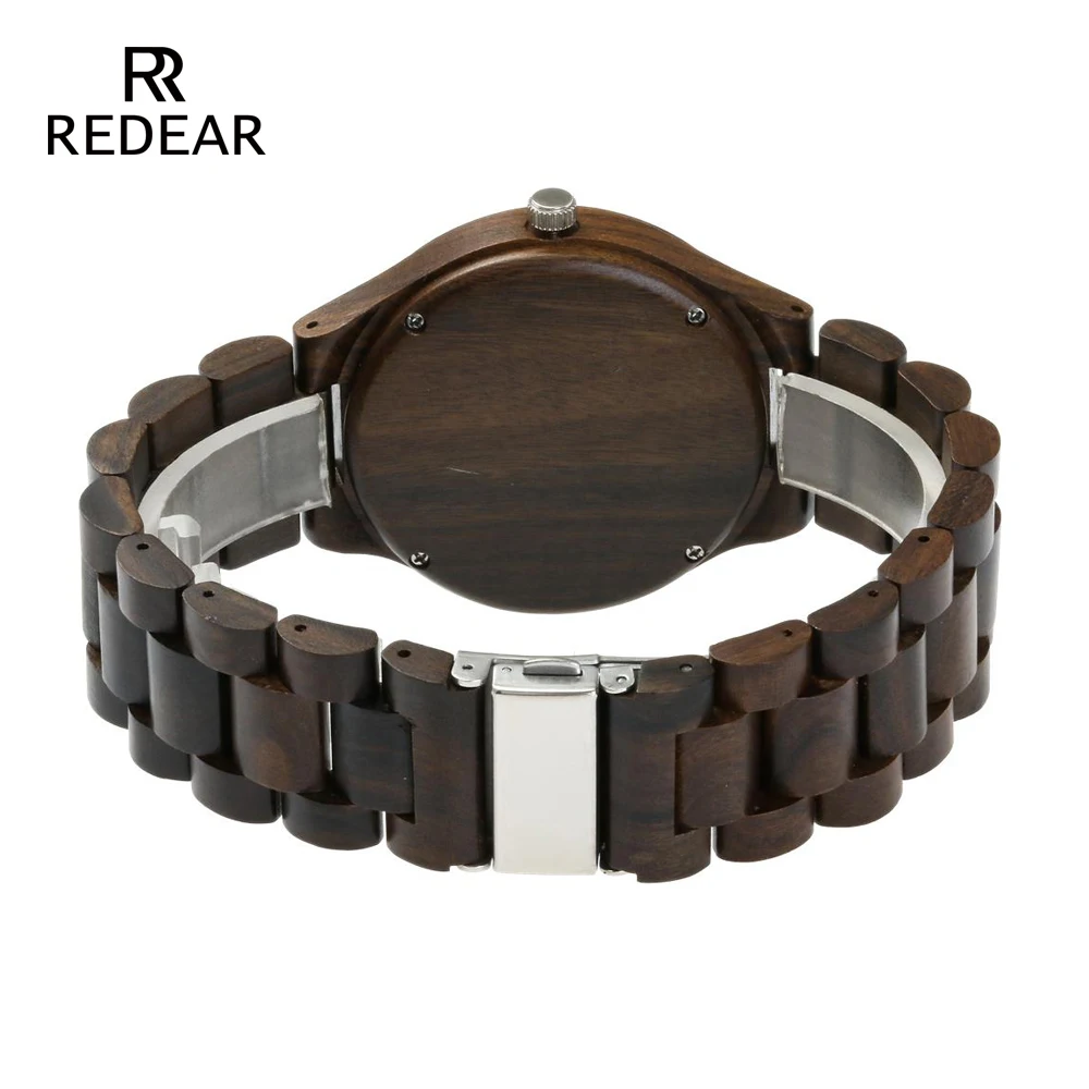 REDEAR-relojes de sándalo negro hechos a mano, relojes para amantes, reloj automático de cuarzo de madera natural fresca en caja de regalo