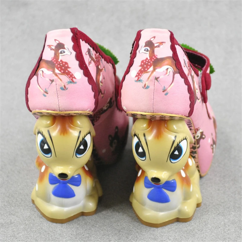 Vivid Painted Deer Heel Bridal Wedding Shoes New Design Cherry Belt Buckle Printed Color Strange High Heel Shoes Woman