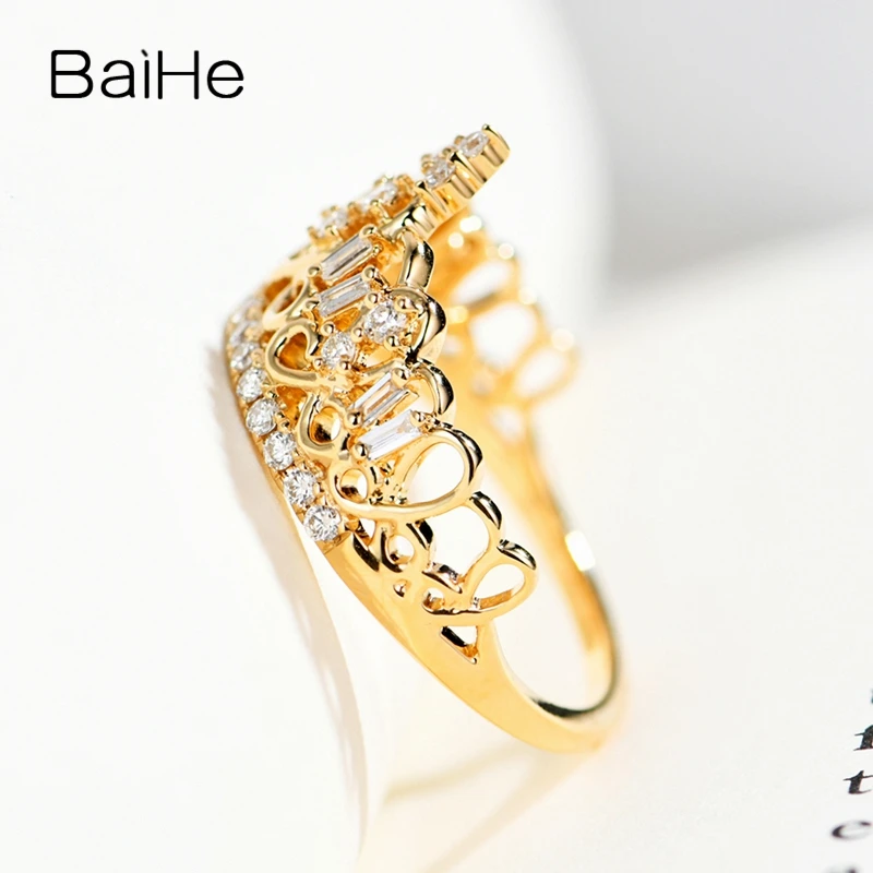 BAIHE Real Solid 14K Yellow Gold 0.33ct H/SI Natural Diamond Crown Ring Women Wedding Trendy Fine Jewelry Making خاتم التاج