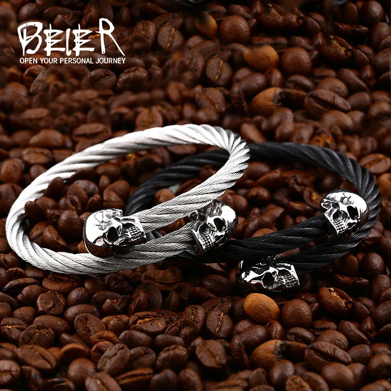 Beier new store 316L Stainless Steel Bangles high quality for women and men double skull PUNK Bangles fashion jewelry LLBRG-012G