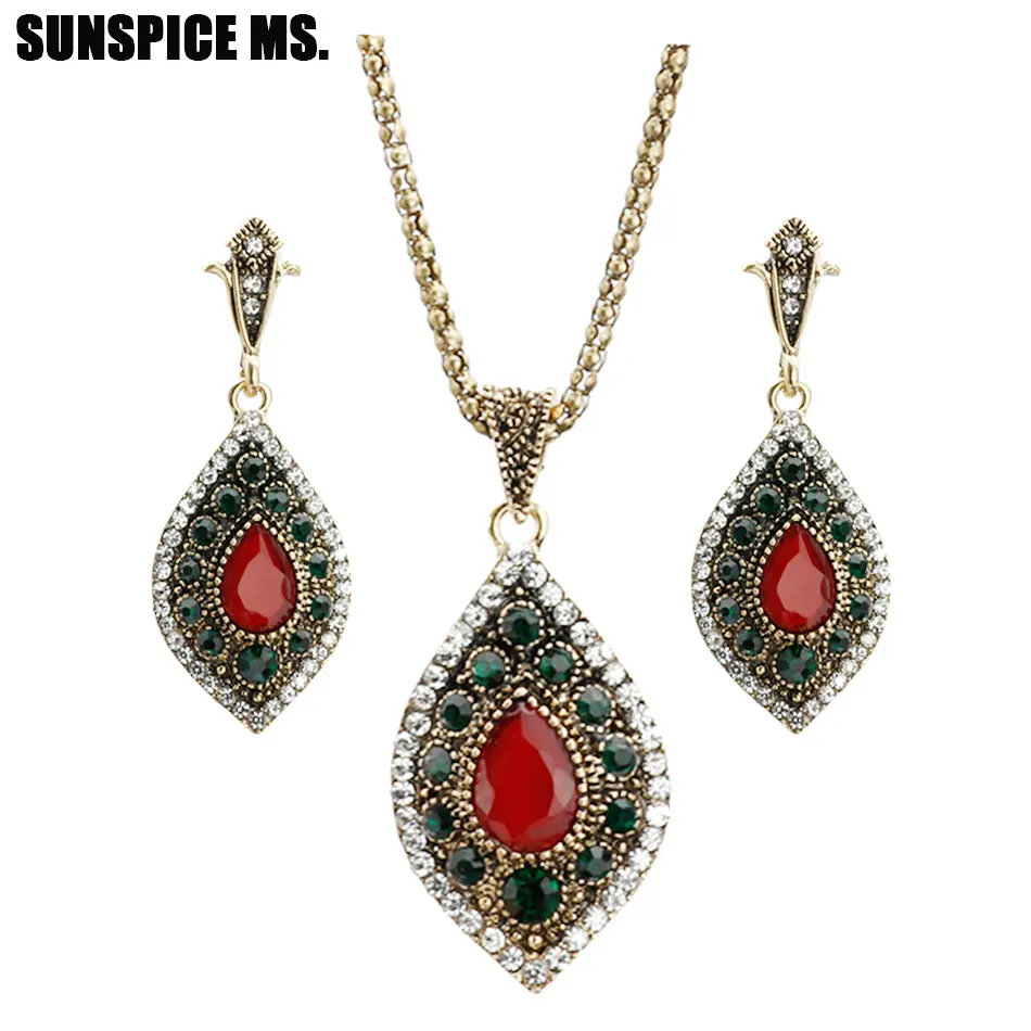 Turkish Vintage Jewelry Sets Water Drop Earrings Resin Necklace Antique Gold Color Crystal Bohemia Ethnic Wedding Jewelry 2018