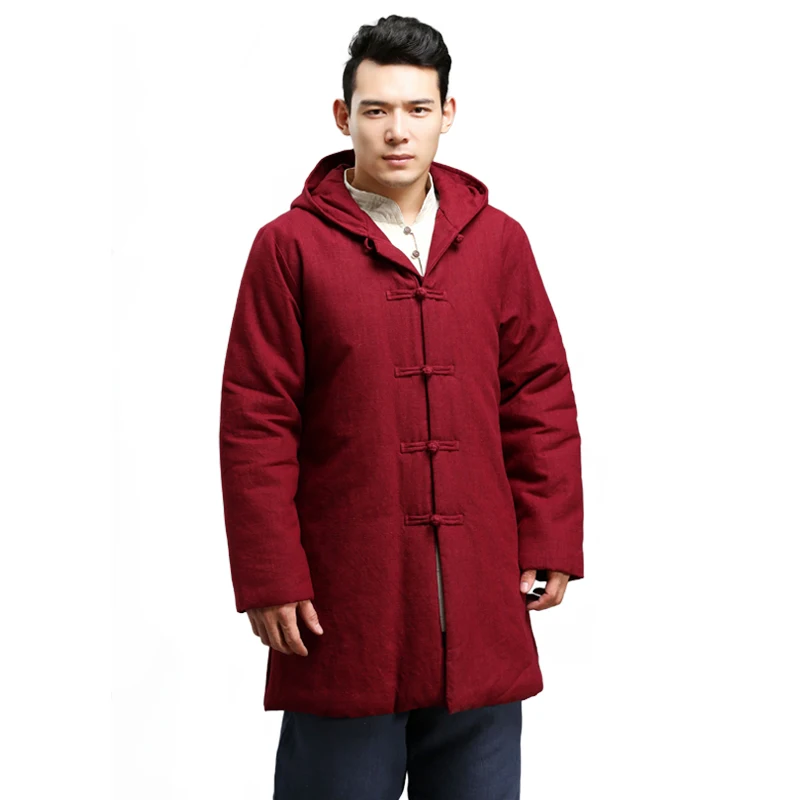 

Traditional Chinese Winter Jacket Flax Men Coat Hooded Parka Cotton-padded Tops Vintage Ethnic Overcoat Manteau Homme Abrigos