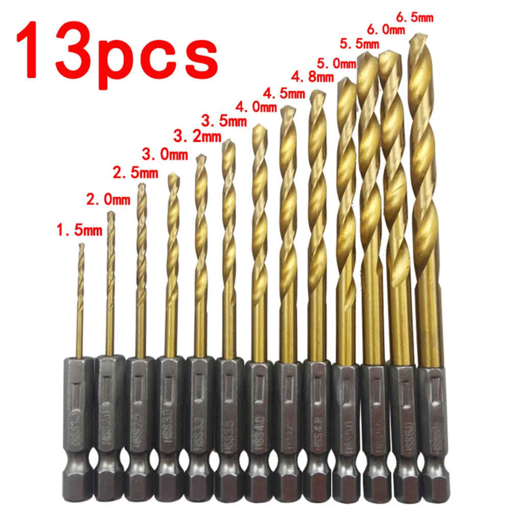 13 in 1 1/4 Hex Shank 1.5-6.5mm Drill Bits HSS High Speed Steel Titanium Coated Drill Bit Set Power Tools Accessories