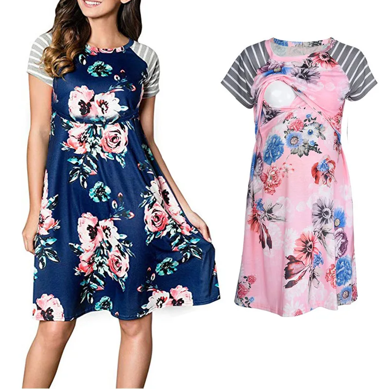 Women Lady Maternity Dress Short Sleeve Round Collar A-line Printing Breastfeeding Nursing Maternity Dress