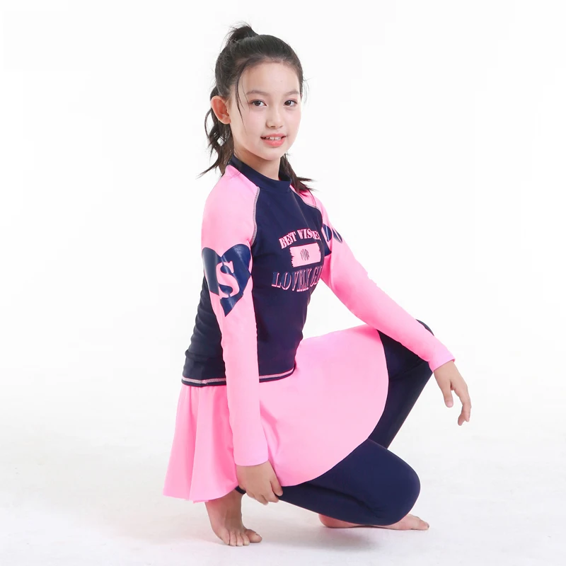 Teenager girl rashguard swimsuit long sleeve padded shirt pants with skirt chindren kids beach wear 10-16Y