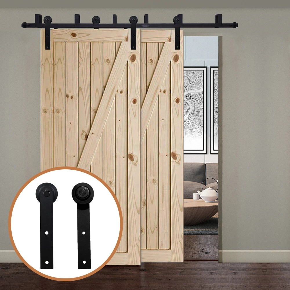 LWZH America Style Black Steel I- Shaped Rollers Track Rail Bypass Sliding Barn Door Hardware Kit for Bypass Barn Double Door