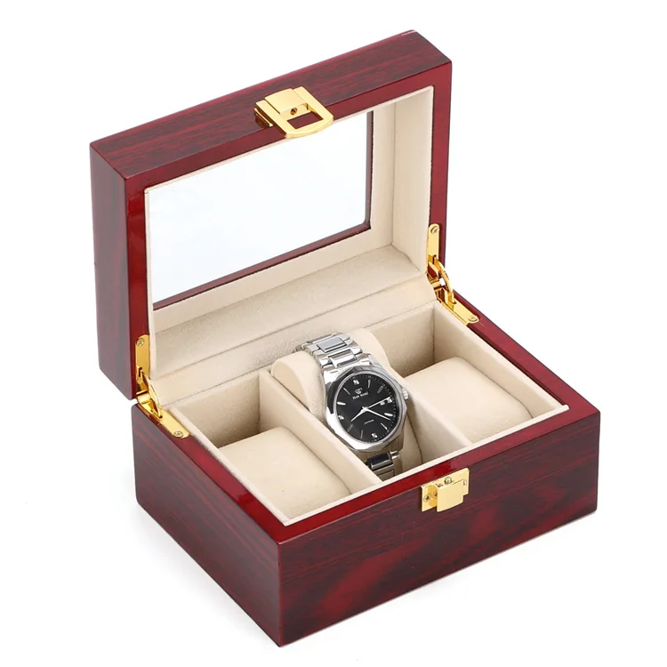 

3 Slots Wood Watch Display Boxes Case Light Red Storage Watches Organizer New Jewel Storage Gift Box Holder