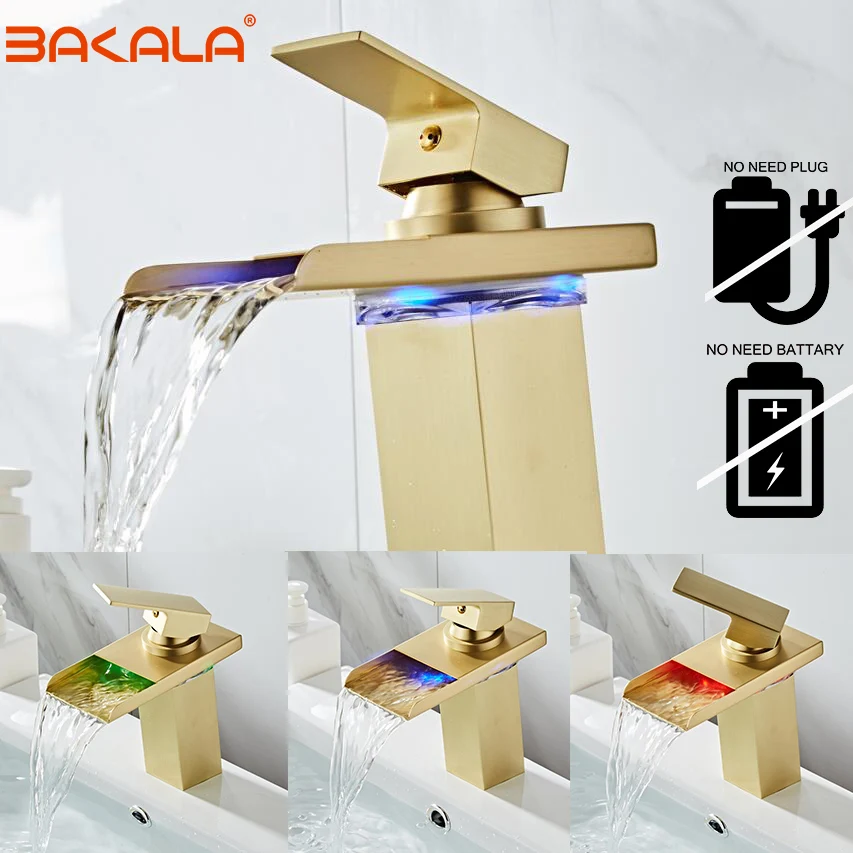 Escovado Ouro Led Bacia Torneira da Pia Cachoeira Pia Torneiras Cores Mudar com Temperatura Pia do Banheiro Misturador de Bronze Quente e Fria