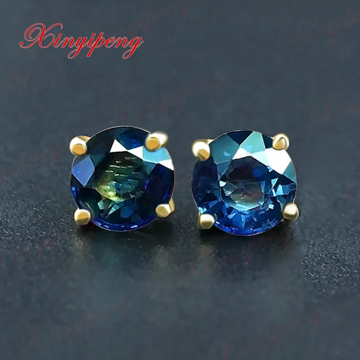 

18 k yellow gold with 100% natural sapphire studs earrings Blue green color of fire Fine jewelry contracted