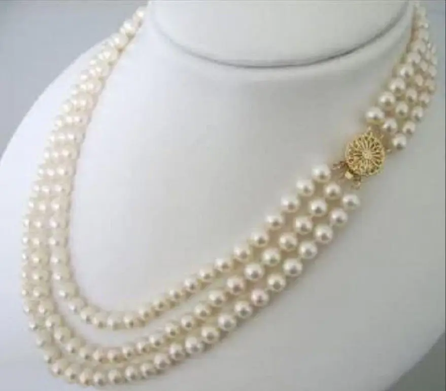 

Women Gift 3Rows 7-8mm natural white Freshwater pearl necklace 18-20" Natural Freshwater pearl 925 jewelry