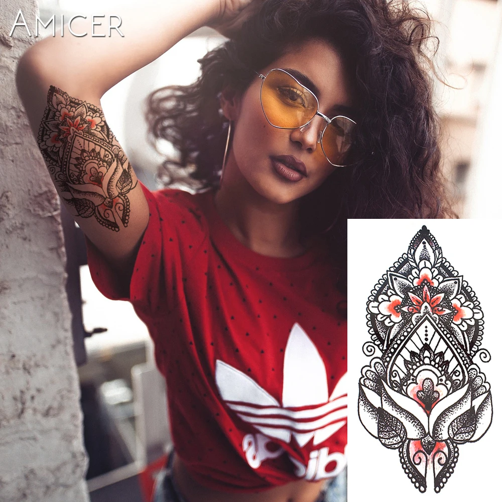 

1PC Sexy Indian Totem Hot Black White Large Flower Henna Temporary Tattoo Black Mehndi Style Waterproof Tattoo Sticker