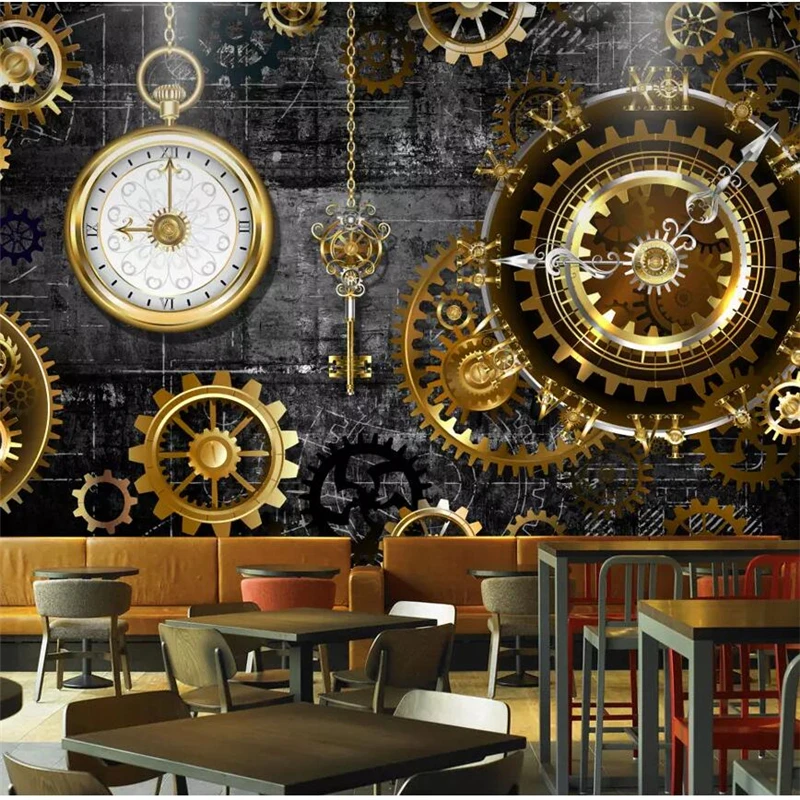 wellyu 3D three-dimensional European and American gold gear clock mural background wall custom large mural green wallpaper