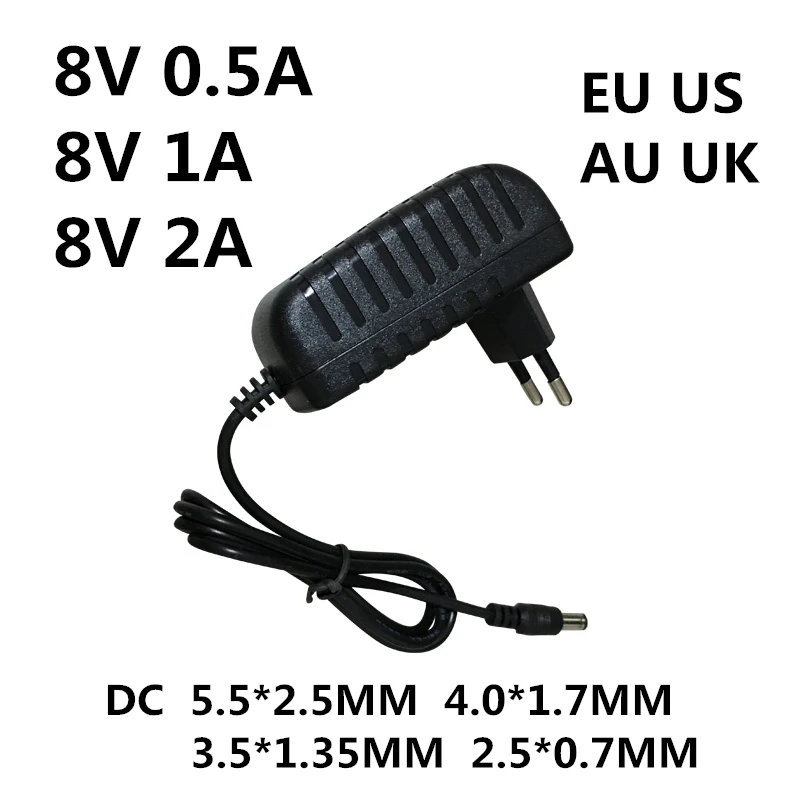 Adattatore AC/DC AC 100-240V DC 8 V 0.5A 1A 2A AC 100-240V adattatore di alimentazione convertitore 8 V Volt caricabatterie alimentatore EU US AU UK