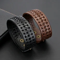 2022 Trend Jewelry Vintage Handwork Weave 8 Words Wide Leather Bracelet Simple Cuff Bracelets Bangles For Women Pulseras Mujer