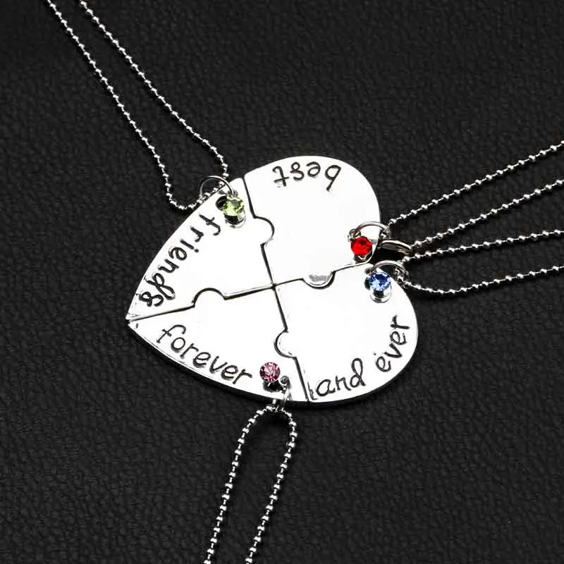 zhijia best friends forever and ever BFF Necklaces 4 pcs beads chain crystal jigsaw puzzle necklace friendship jewelry