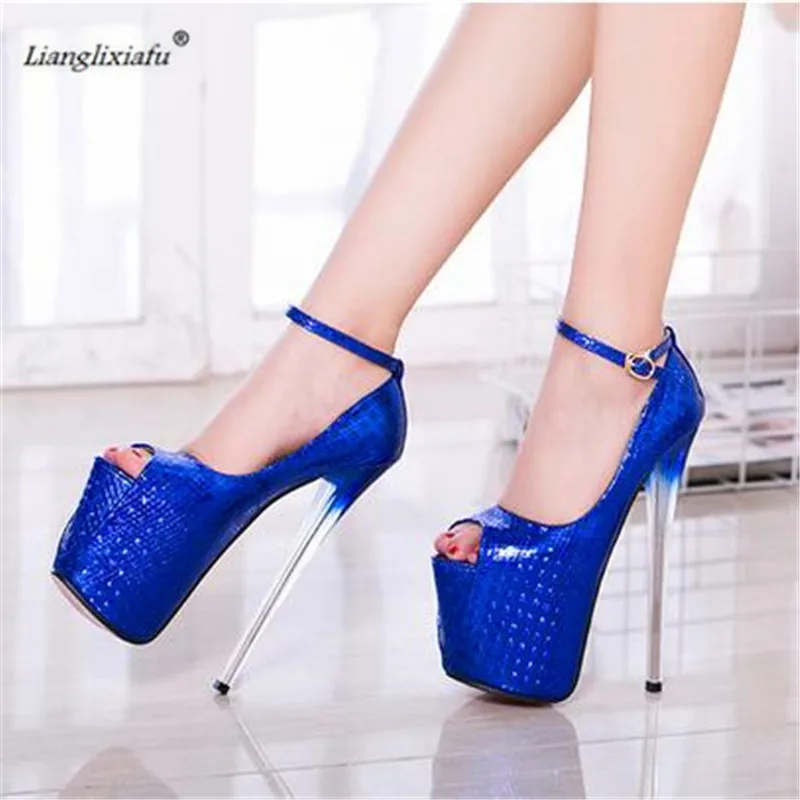 LLXF Plus:34-47 48 49 50 Fashion Patent Leather Stiletto 19cm Thin High Heels Platform Shoes Buckle Women Peep Toe Pumps Zapatos