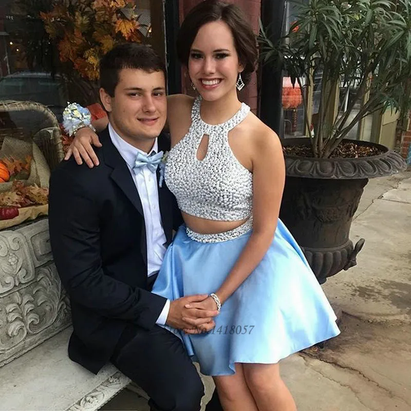 Modest Blue Short Prom dresses 2016 Fast Shipping Pearls Two Piece Prom Evening Gowns Backless Dress for Graduation Gala