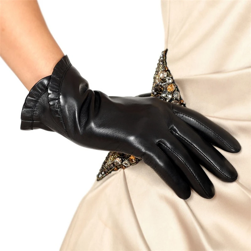 Direct Selling  Gloves For Winter Women Wrist Lace Genuine Leather Glove Fashion Lady Goatskin  Driving Free Shipping L001NC-5