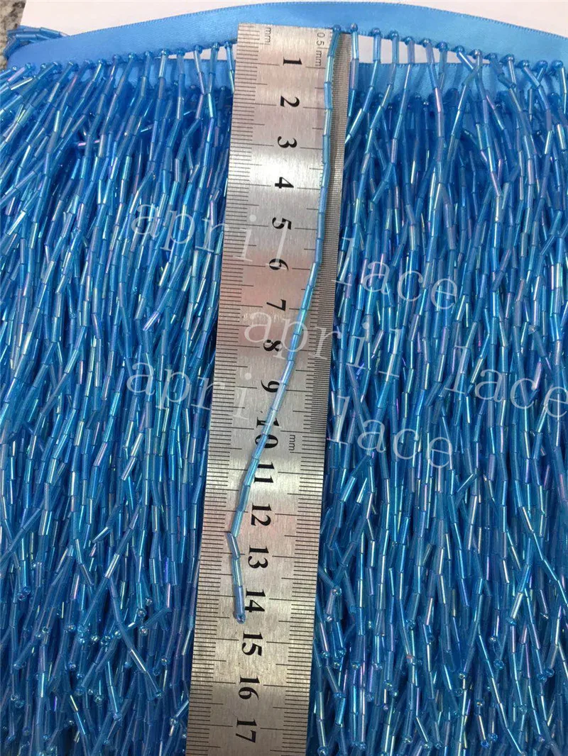 DX007#  5 yards /bag 14-15cm width blue color  beads satin ribbon fringe tassel for garment/decorative/wedding dress