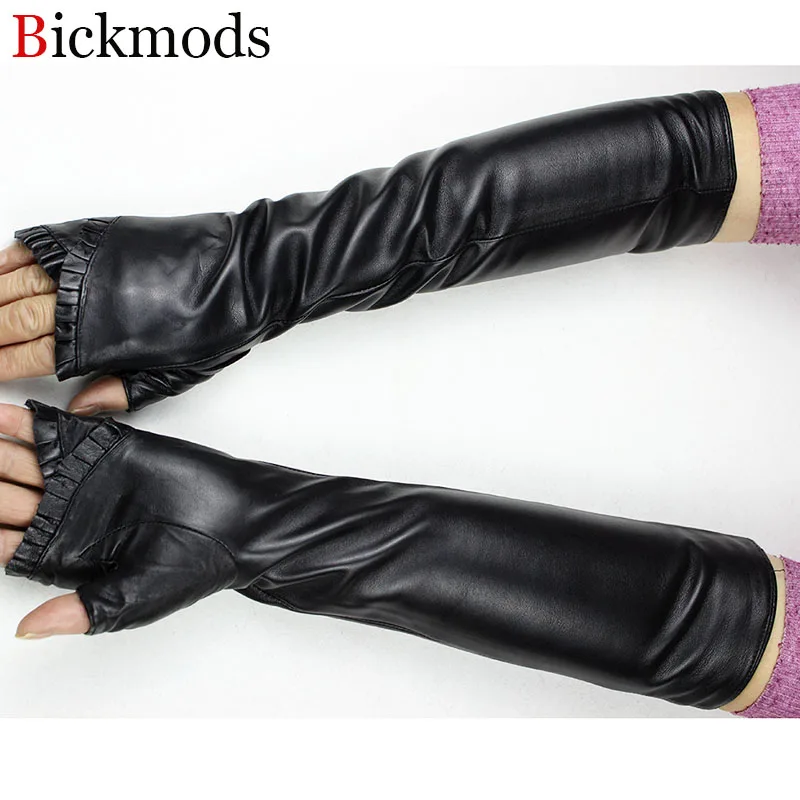 Long Sheepskin Fingerless Leather Gloves Women\'s Fashion New Thick Velvet Lining Autumn and Winter Warm Half Finger Sleeves