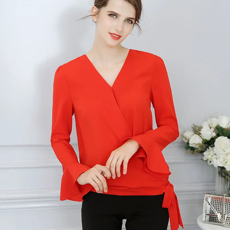 Long Sleeves Chiffon Blouse Women Pure Color Flare Sleeve V Collar Shirts Female Spring Summer Korean Fashion Leisure Top H9083