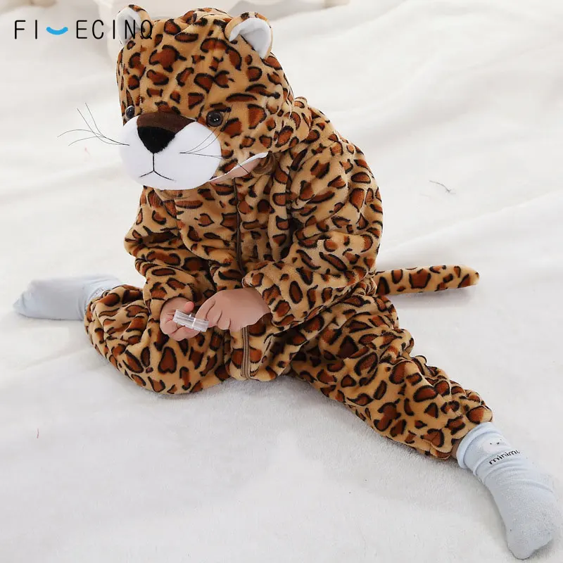 Leopard Cosplay Costume Baby Kigurumis Brown Panther Cartoon Animal Onesie Autumn Winter Warm Kid Pajama Carnival Halloween Suit