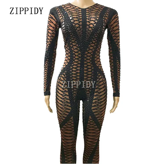 Skinny Black Rhinestones Dark Skin Color Jumpsuit Female Singer Dancer Costume One-piece Bodysuit Nightclub Oufit Party Leggings