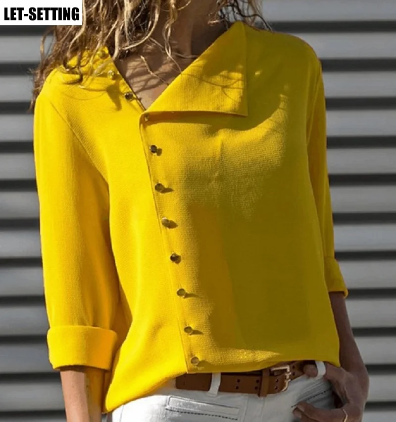 new fashion button irregular oblique collar long-sleeved blouse shirt female black green yellow