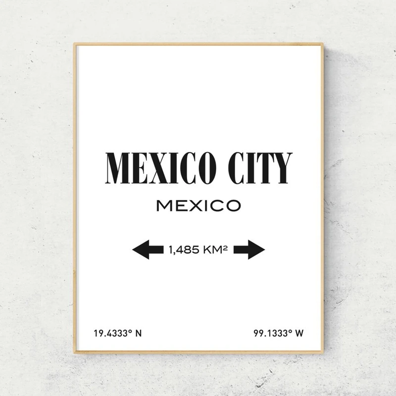 Impresiones de mapa de la ciudad de México, pintura artística en lienzo, carteles de viaje, latitud en blanco y negro, imágenes artísticas de pared,