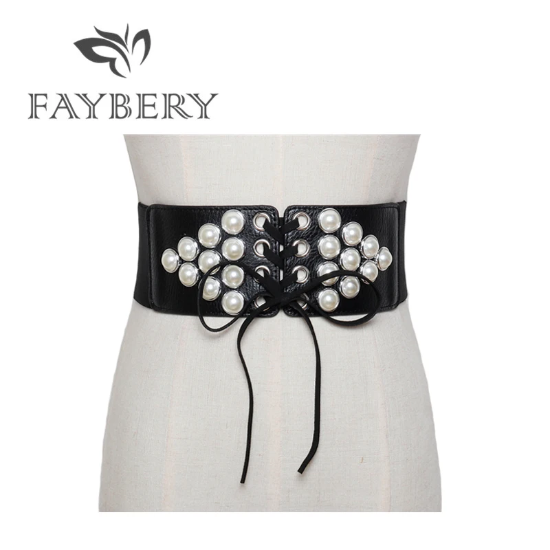 Fashion Boho Pearl Belts for Women Wide Elastic Stretchy Waist Band for Long Dress PU Leather Black Belt Cummerbund