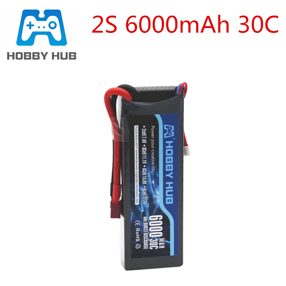 Hobby Hub 2S 7.4V 6000mAh 30C Max 60C Lipo Battery For RC Airplane Drone Helicopter Car 2S LiPo
