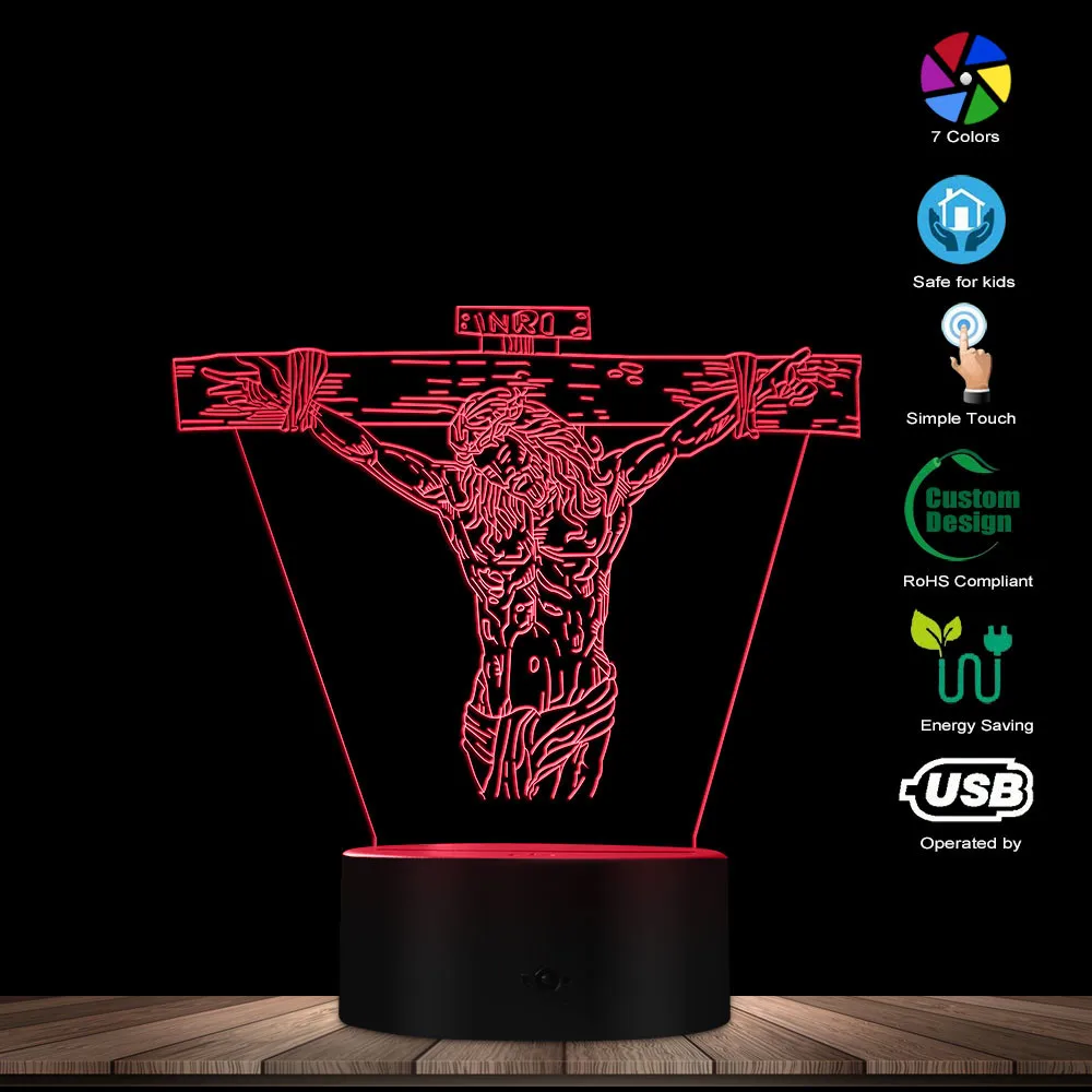 Luminária noturna de led com crucifixo de jesus, luz de mesa com cores variadas, para presente, de noite ou em forma de cruz 3d