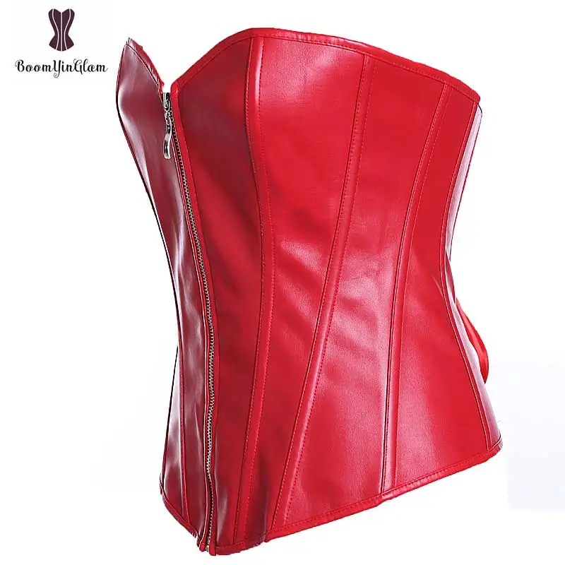 Schwarz Leder Front Zipper Korsett Rot Farbe Optional Plus Größe Overbust Heißer Sexy Lingries Party Club Tragen Korsetts Busiters