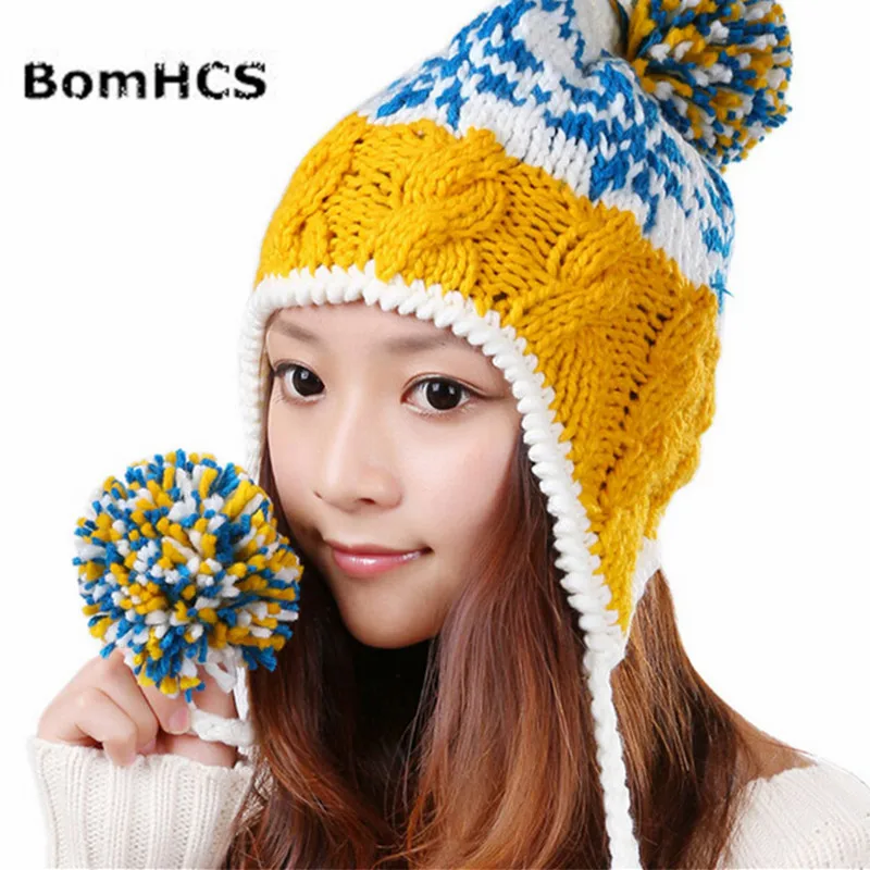 BomHCS Fashion New Winter Warm Ski Ear Muff Beanie Women Lady Handmade Wool Knitted Hat Cap