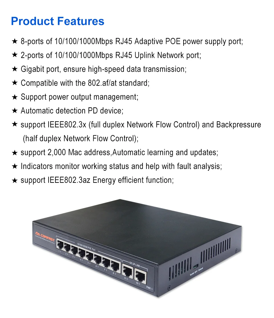 Imagem -04 - Comfast-interruptor Ethernet Sg181p 10 Portas Ethernet 10x10 100 1000mbps 1000m Rj45port Interruptor 802.11af at