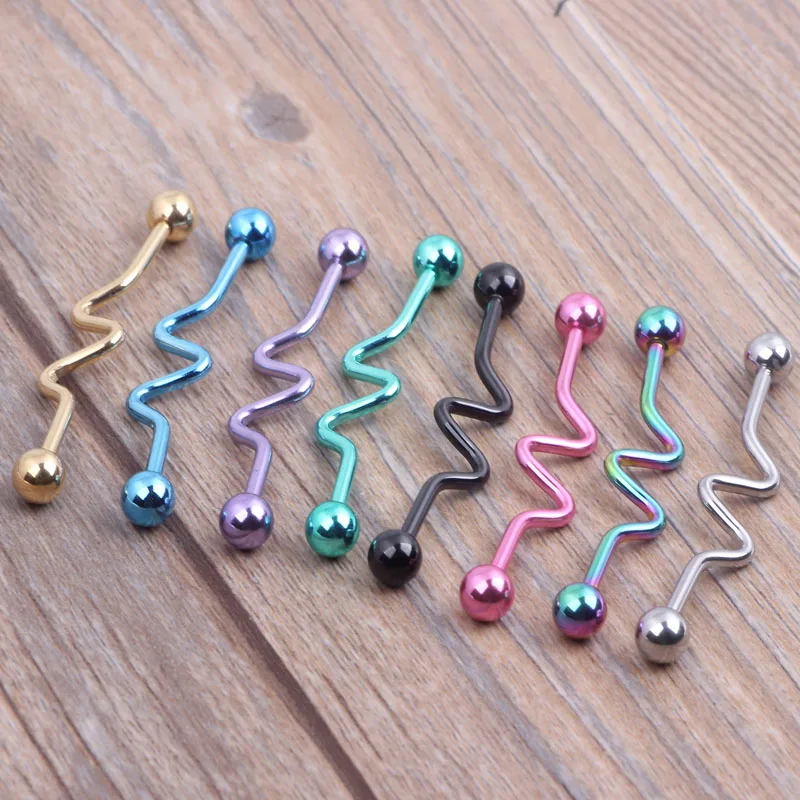 14G 38mm Titanium Anodized Wavy Ball Industrial Barbell Bar Ear Ring Body Jewellery 8 color 80pcs wholesales Bar Earring