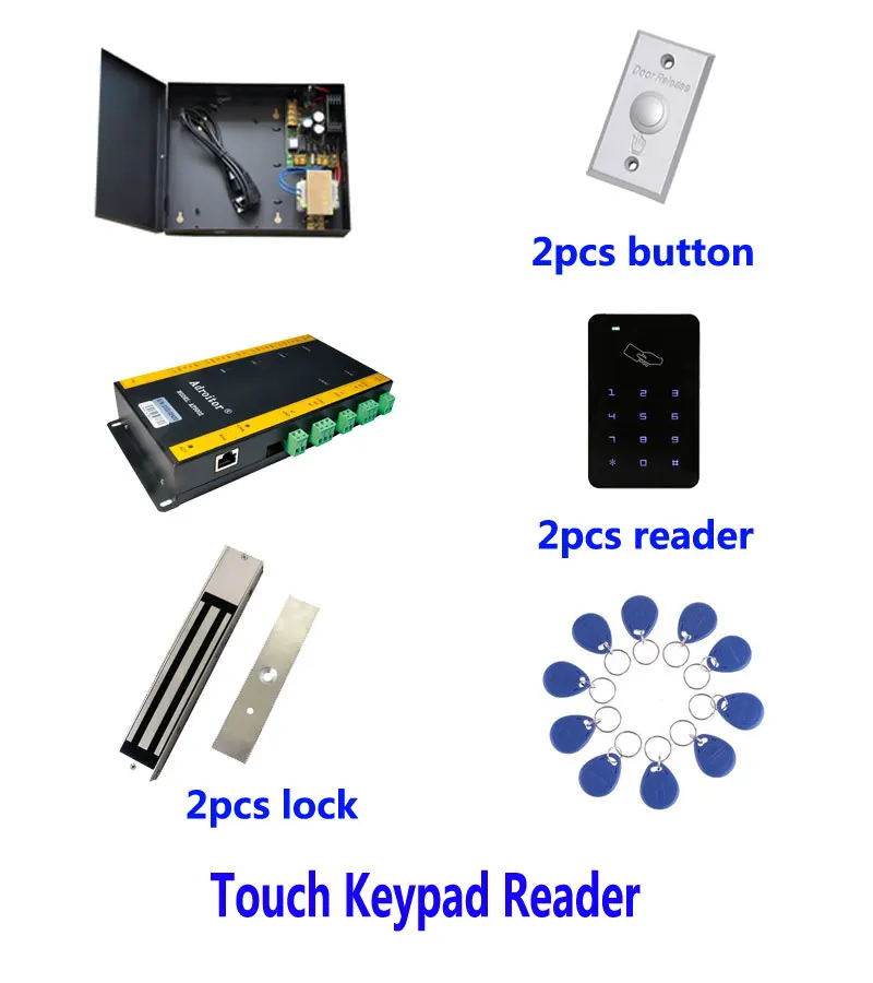 Hi-End 32-Bit Access Control Kit,TCP/IP Two Door+Power+280kg Magnetic Lock+ID Touch Keypad Reader+Button+10 ID Tag,Sn:Kit-AT206