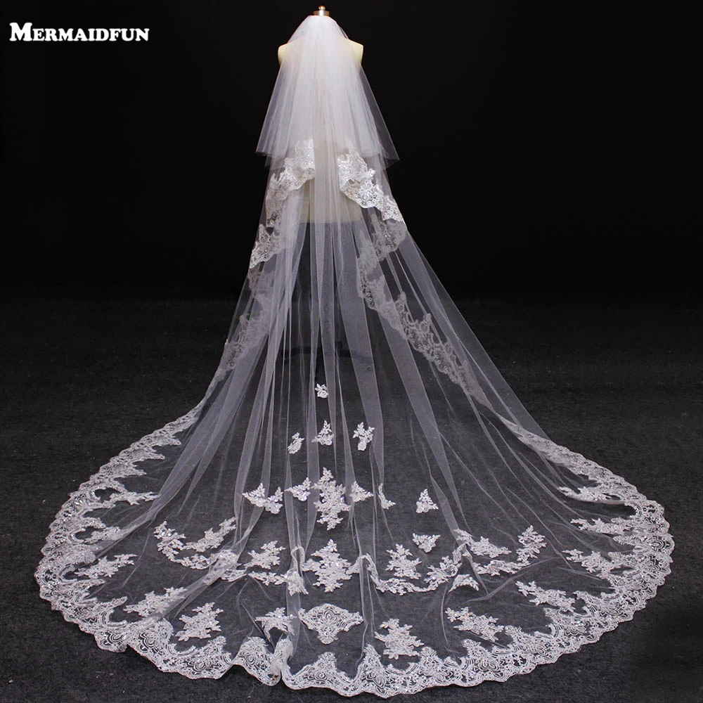 Luxury Bling Sequind Lace Two layers 3 Meters Wedding Veils with comb New White Ivory 2 T Bridal Gown