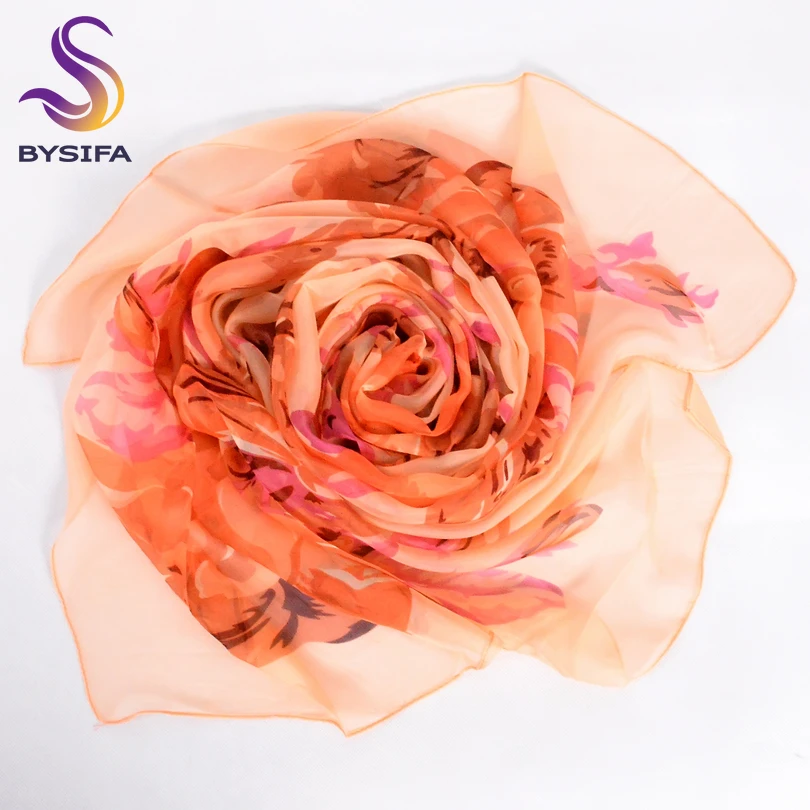 [BYSIFA] Ladies Chiffon Silk Scarf Shawl Top Grade Fine Women Accessories Long Scarves Autumn Winter Orange Silk Muffler180*70cm