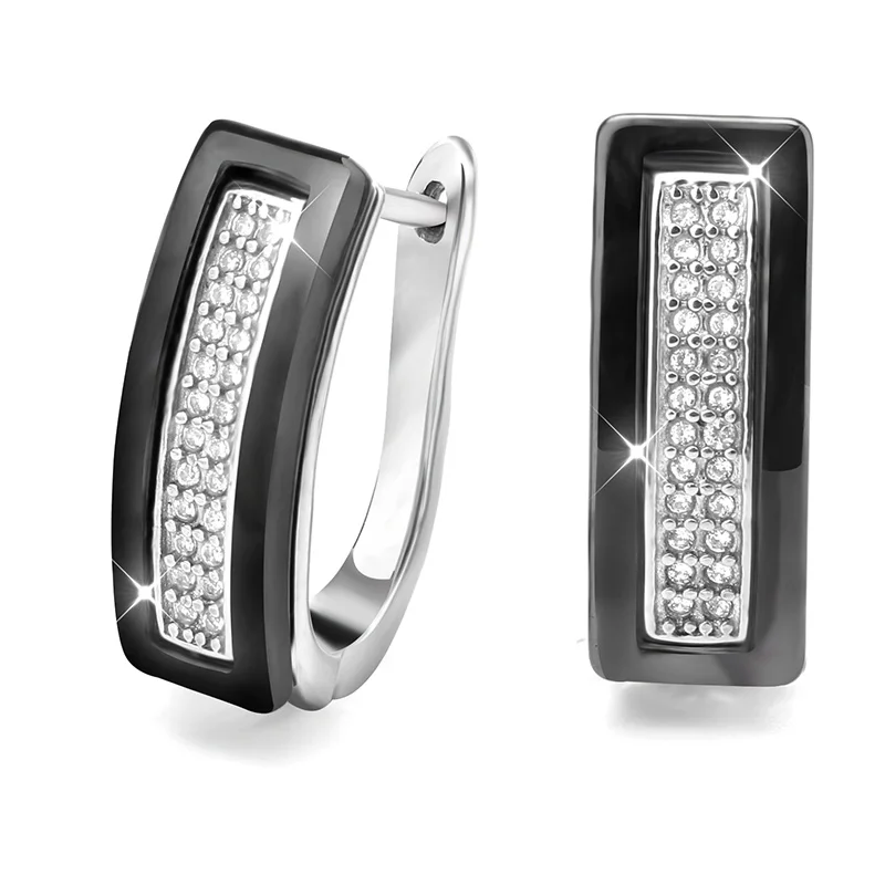 Jewelry Set Black White Ceramic Ring & Earrings With Big Carat CZ Wedding Accessories U Shape Stud Earrings And Rings For Women