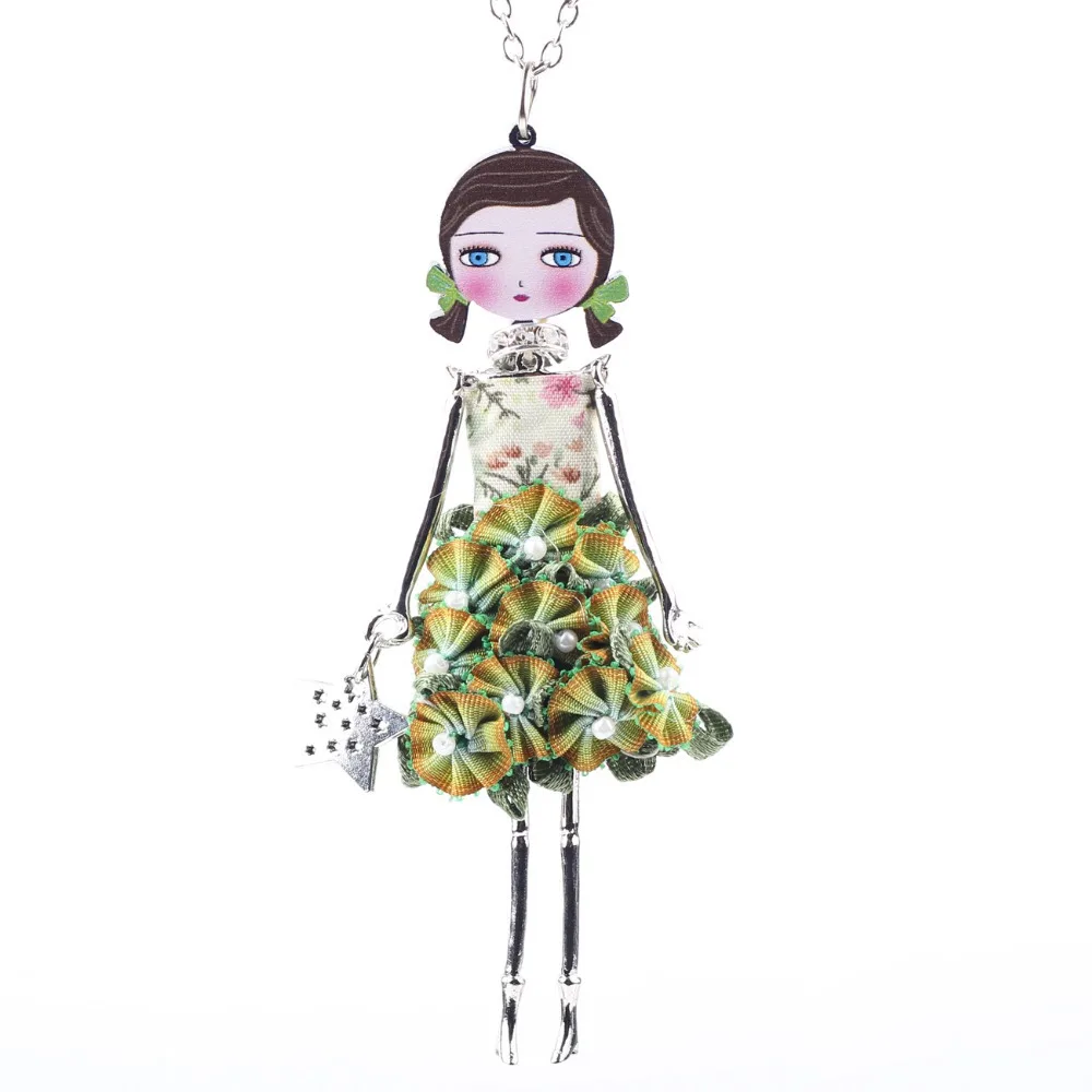 Bonsny French Doll Necklace Dress 2015 New Long Chain Doll Pendant Acrylic Alloy Star Girl Women Flower Fashion Jewelry Cute