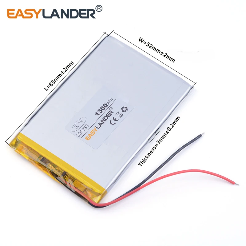 

3pcs /Lot 3.7v lithium Li ion polymer rechargeable battery 305283 1300mAh For MP3 MP4 GPS Bluetooth headset battery 035283