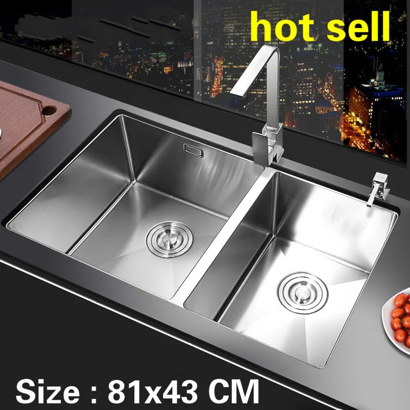 

Free shipping Stainless steel food-grade kitchen manual sink double groove ordinary thickening durable hot sell 81x43 CM