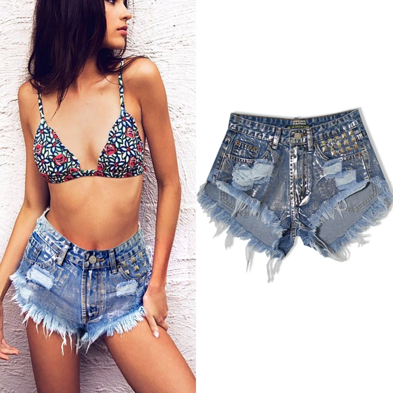 2024 summer tassel women jeans shorts vintage punk sliver rivet ripped denim women shorts Street fashion high waist shorts