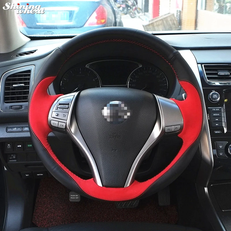 

Shining wheat Red Suede Black Leather Hand-stitched Steering Wheel Cover for Nissan 2013 Teana 2014 X-Trail QASHQAI Sentra