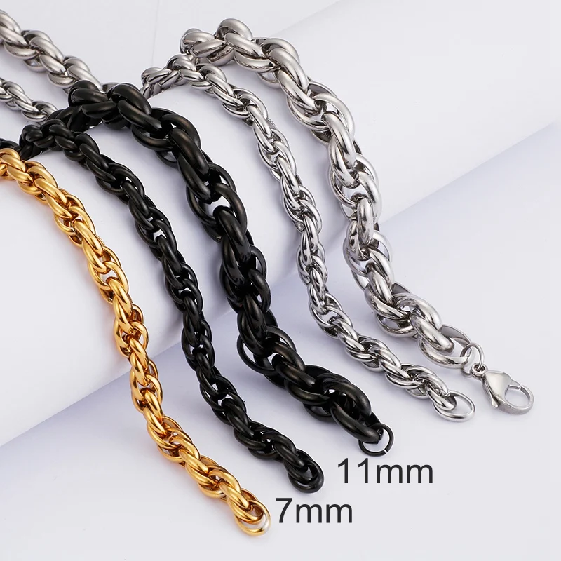 7/11mm Width Titanium Stainless Steel Round Twist Link Chain Necklace For Men Women Male Female Fashion Jewelry