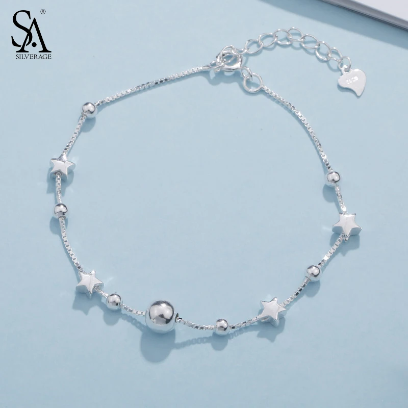 

SA SILVERAGE 925 Sterling Silver Charms Bracelets Bangles for Women 925 Silver Star Ball Chain Link Bracelets Pulseira Feminina