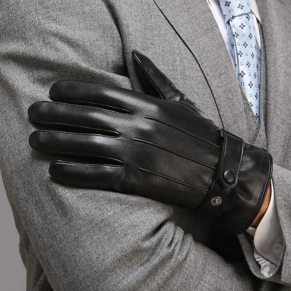 Fashion Brand Design Men Leather Gloves Thickening Thermal Plus Velvet Genuine Goatskin Glove Male Wrist Winter M021PC