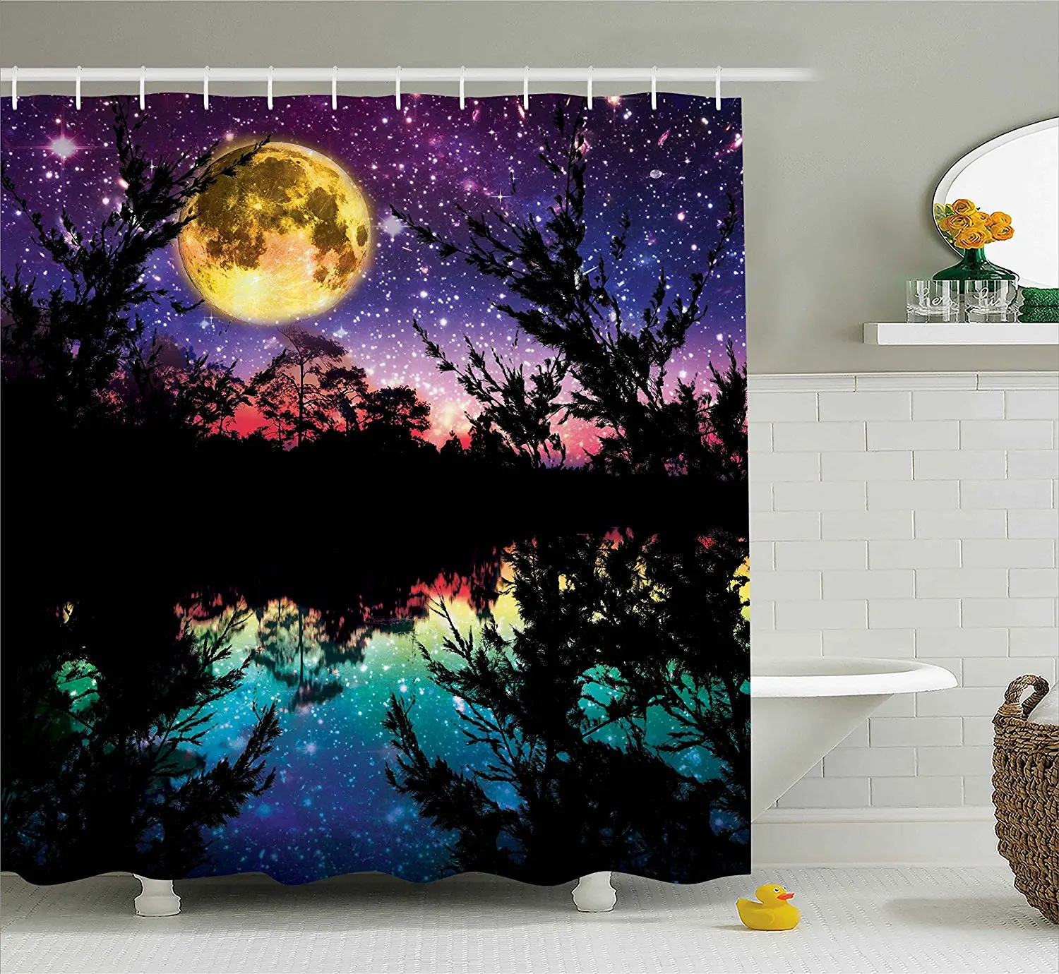 Fabric Shower Curtain Nature Artwork Decor Lake at Moon Light Stars Sky and Trees Water Reflection Contemporary Bath Curtain