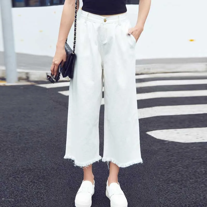 

Wide Leg Denim Pants Women Casual Sexy Jeans Ankle Length High Waist-Elastic Tassel Edge Trousers Streetwear Fashion Clothes